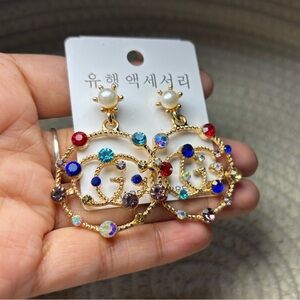 Elegant Gold Multicolor Crystal Hoop Earrings New!